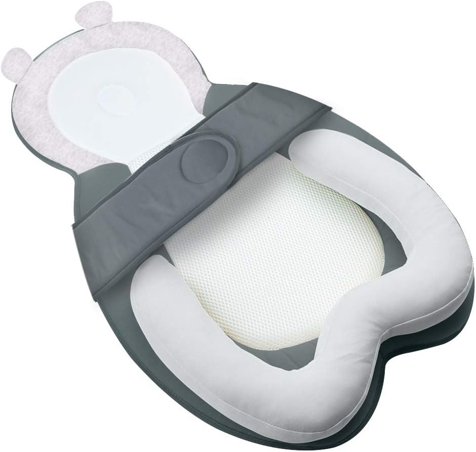 MBQMBSS Baby Head Support Portable Newborn Lounger Anti-Rollover Hook & Loop Design Removable Baby Bed Mattress Adjustable Newborn Pillow Lounger with 2 Belts Baby Bed for 0-6 Months Infant
