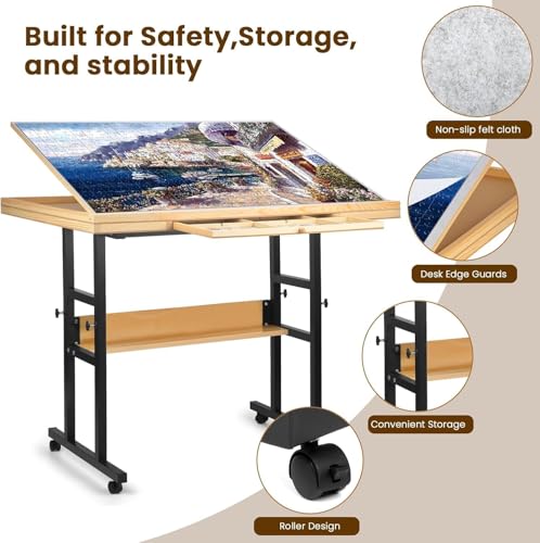 Jigsaw Puzzle Table 1500 Pieces Adjustable Height Puzzle Board, Puzzle Table Anti Slip Felt with Leg Rolling, Sorting Drawer, Cover and Storage for Adults Birthday Gift