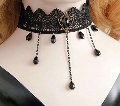 EMAXELER Lolita Gothic Bride Bridesmaid dress accessories balck lace tassel Teardrop-shaped collarbone necklace for Party Prom Cosplay Funeral balck lace tassel
