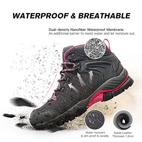 Clorts Women's Classic Hiking Boots Waterproof Suede Leather Lightweight Hiking Shoes Grey/Pink US Women Size 7.5 Medium Width