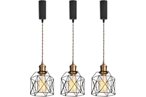 KAYYELAMP Set of Three 3.2 Ft Adjusted Cord Halo Type Track Lamp E26 Brown Bronze Base Retro Design Black Hollow Cage Pendant Lighting for Bar Restaurant Entryway Aisle Kitchen Sink(No Bulb & Track)