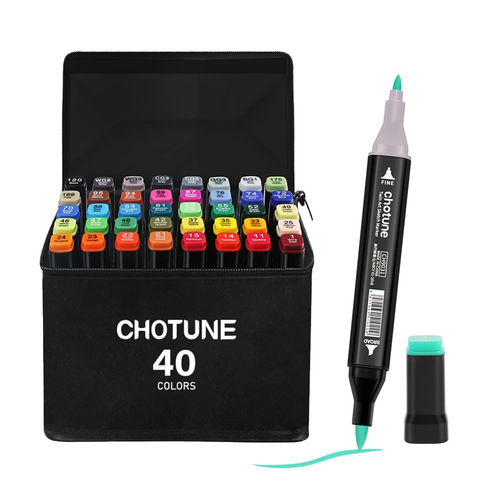 CHOTUNE Marker Pen,40 Colors Alcohol Marker,Latest Model of Markers with Fine Tip and Brush Tip with Base and Carrying Bag,Suitable for Comics, Anime Illustrations or Calligraphy