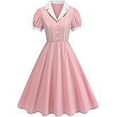 ODIZLI Women's 1950s Retro Dress Short Puff Sleeve Midi Dress Rockabilly Dress Cocktail Dresses