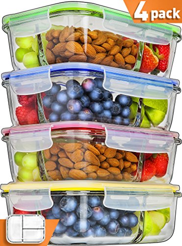 Glass Meal Prep Containers 3 Compartment - Food Containers Meal Prep Food Prep Containers Lunch Containers Glass Containers with lids Freezer Containers Bento Box Containers Bento lunch Box [4pk,34oz]