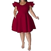 IyMoo Women's Plus Size Cape Flutter Sleeve Stretchy A Line Swing Flared Skater Cocktail Party Dress with Pockets