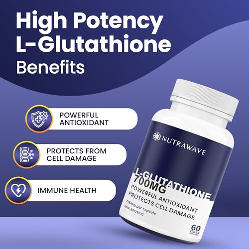 Nutrawave HIGHEST POTENCY AVAILABLE L-Glutathione 700mg per capsule Supplement,- Non-GMO, Soy & Gluten Free - 60 Capsules