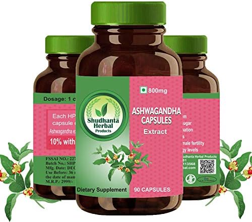 Shudhanta Herbal 100% Organic Ashwagandha Capsules 800mg for Increase Fertility in Men - 90 Herbal Vegetarian Capsules