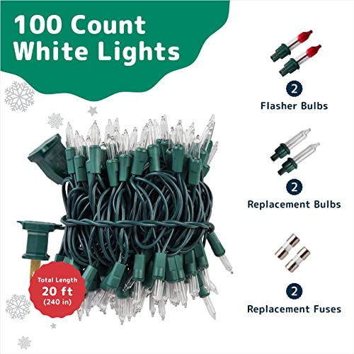 PREXTEX Christmas Lights (20 Feet, 100 Lights) Clear White Christmas Tree Lights with Green