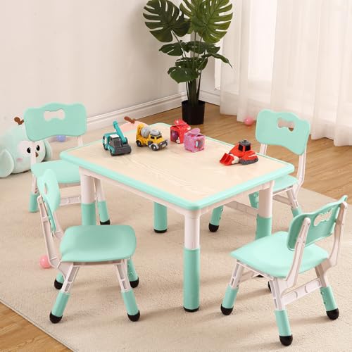 Garvee Kids Table and 4 Chairs Set, 5-Piece Height Adjustable Toddler Table with Graffiti Wipe-Clean Desktop, Non-Slip Legs & Storage Organizer, Preschool Activity Desk for Ages 2-6