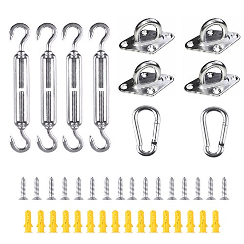 Yoodelife Shade Sail Hardware Kit for Triangle Square Shade Sails Heavy Duty Stainless Steel with 4Pcs Turnbuckle, 4xPad Eye, 2xSnap Hook, 16x Screw, 16x Plastic Expansion