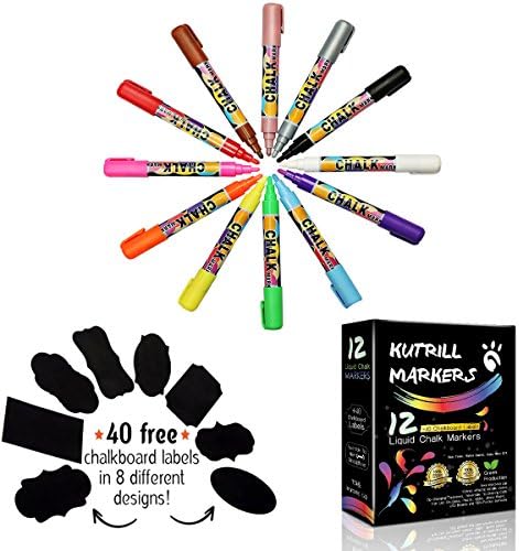 Liquid Chalk Markers, 12 Pack (Metallic Rose Gold &amp; Silver included) with 40 Pcs of Chalkboard Labels, 4 Reversible Bullet and Chisel Tips - Non-Toxic, Odorless, Erasable by KUTRILL
