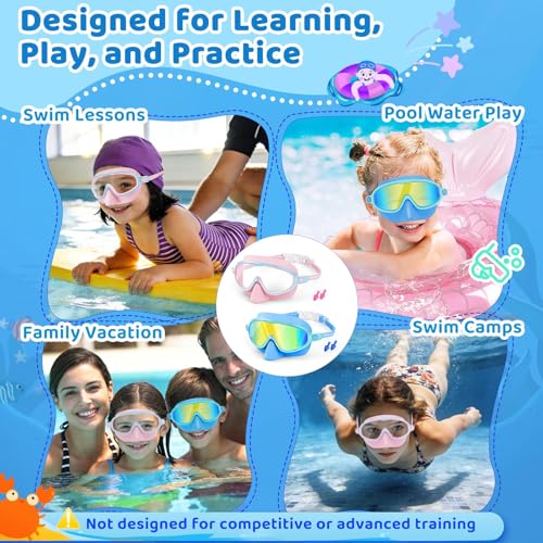 ORCHID M® 2 Pack Kids Swim Goggles with Nose Cover, Wide View Anti-Fog UV Protection Swimming Mask for Boys Girls Ages 3-14
