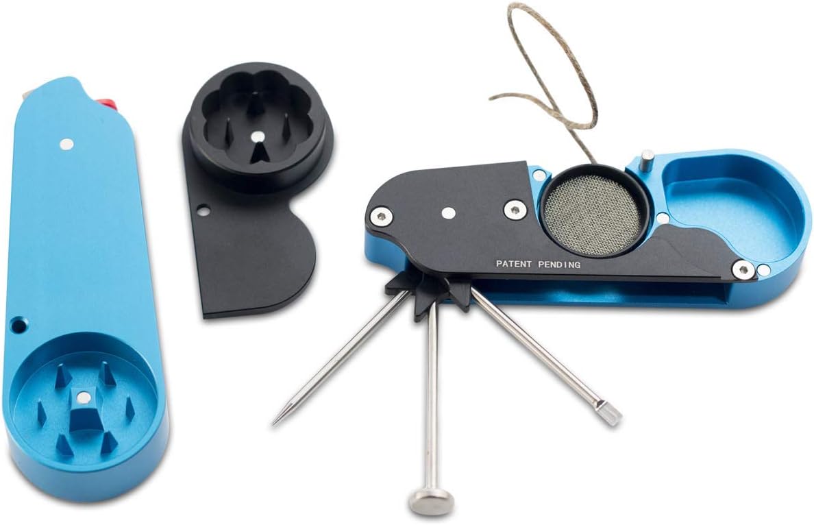The Omni 8-in-1 Deluxe Smoking Accessory: Durable Herb and Spice Grinder Multi-Tool and Lighter Case (Neon Blue)