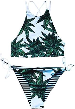 Fashion Women's Floral Printing Halter Two-piece Bikini Set (S, green)