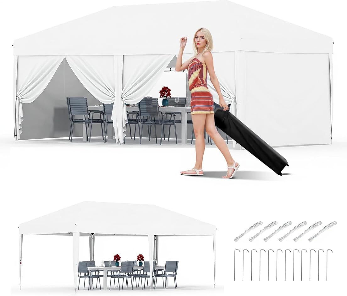Photo 1 of 10X20 Ft Instant Pop-Up Canopy Tent-1-Push Setup Heavy Duty Portable Gazebo w/ 4 Weight Bags, Roller Bag & Full Accessory Kit | Waterproof Wind Resistant for Outdoor Events, Markets, Camping,White