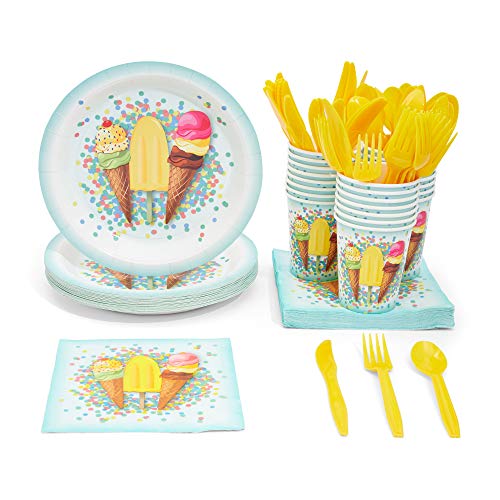 Juvale Disposable Dinnerware Set - Serves 24 - Ice Cream Party Supplies, Includes Plastic Knives, Spoons, Forks, Paper Plates, Napkins, Cups