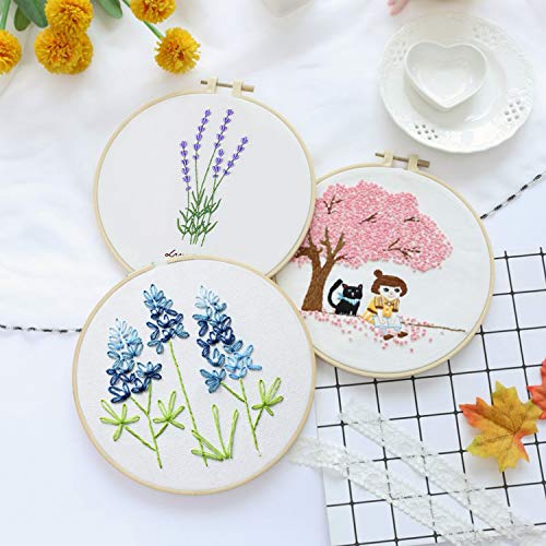 2 Pack Embroidery Kit, Full Range of Embroidery Starter Kit with Pattern DIY Embroidery Kit for Beginner Including Embroidery Cloth, Embroidery Hoop, Threads, Tools Kit (Lavender and Lupine)