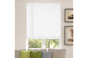 CALYX INTERIORS Room Darkening Vinyl Mini Blinds, Cordless, 1" Slat, 28.5" W x 48" H, White. Inside Mount in Windows 28.75" and Greater; Indoor Window Shades