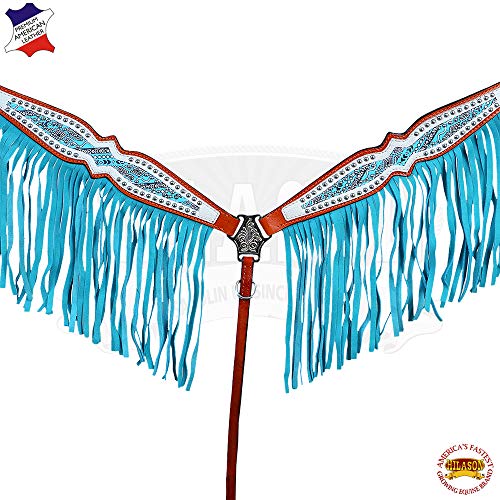 HILASON Western Breast Collar Horse Tack American Leather Turquoise Fringes
