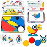 Coogam Wooden Pattern Blocks - Tangram Shape Puzzle Set Color Sorting Stacking Game Wood Animal Jigsaw Preschool Montessori Brain Teaser STEM Gift for 3 4 5 Years Old Toddler Kid (60 Pattern Cards)