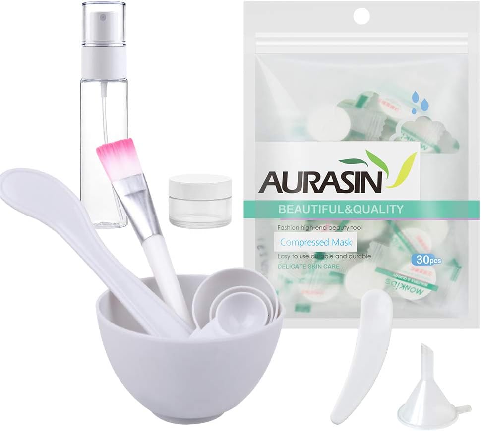 Face Mask Bowl Set for Healing Clay with Make Up Brush, DIY Sheet Compressed Facial Mask - White (Set of 9)