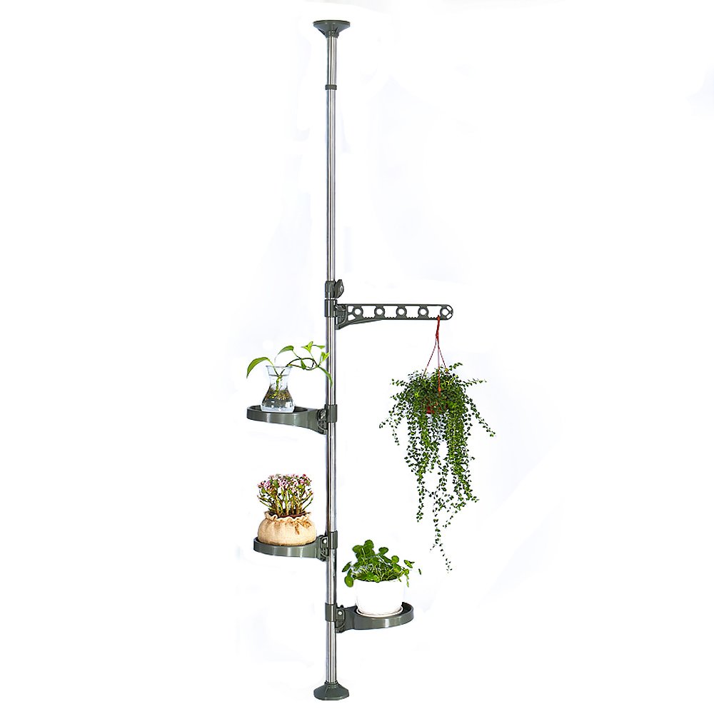 Photo 1 of BAOYOUNI Indoor Plant Pole Stand Tension Rod Adjustable Flower Display Rack Spring Loaded Floral Hanger Storage Shelf with 3 Trays & 1 Arm for Windowsill Counter Top, Grey
