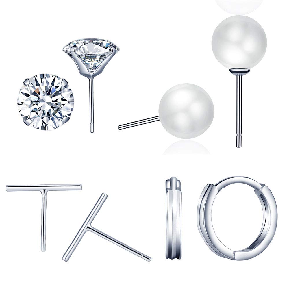 4 Pairs Sterling Silver Hoop Hypoallergenic Tiny Stud Earrings Set Piercing for Women Girls