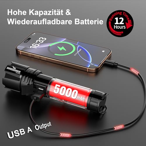 Shadowhawk Torch LED 10000 Lumens, Extremely Bright Torch, USB Rechargeable Tactical Torches with Holster CREE XHP70.2, IP67 Waterproof, 5 Light Modes, for Camping, Hiking, Emergencies (26650 Battery)