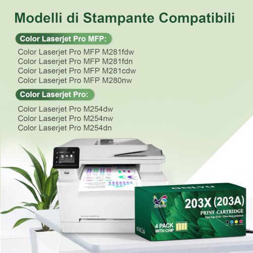 ONLYU 203X Toner Compatibile per HP 203X CF540X per HP 203A Toner M281fdw per HP Color Laserjet Pro Mfp M281fdw M254nw M254dw M281fdn M280nw M281cdw M254dn (Nero Ciano Magenta Giallo, 4-Pack)