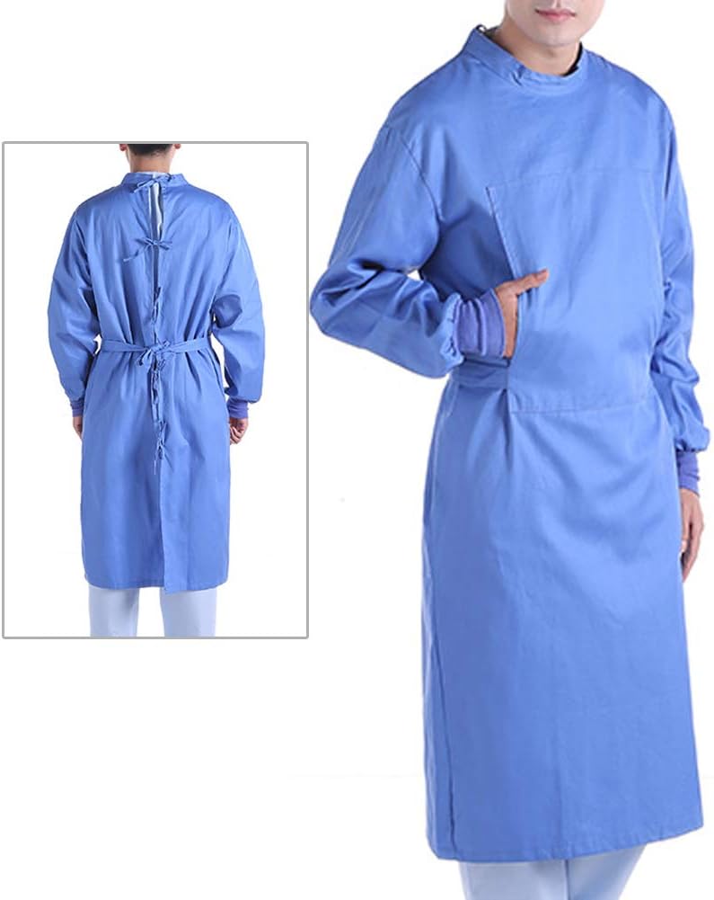 GettyGears Unisex Medical Washable Isolation Gown Surgical Gown Lab Gown with Elastic Cuff Cotton Protective Coats with Long Sleeves L Blue