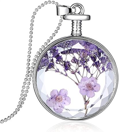 Mr Rabbit Illusion Purple Flowers Specimen Solid Glass Circular-shaped Pendant Nacklaces, Creative Design