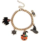 Halloween Charm Bracelet Horror Ghost Pumpkin Witch Hat Black Cat Gold Link Bracelets for Women,Halloween Jewelry Cosplay Costume Accessories (Pumpkin)