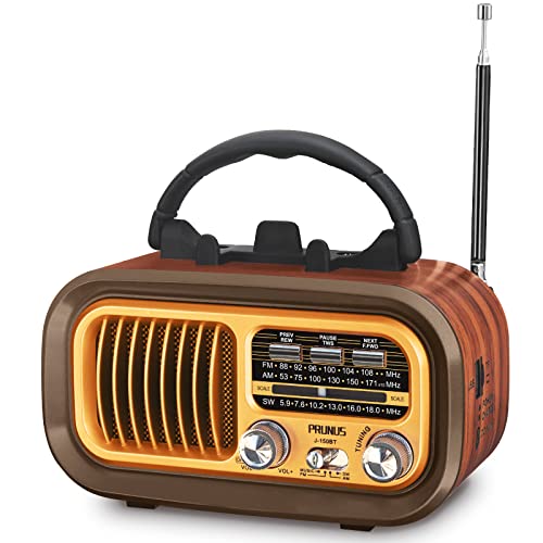 PRUNUS J-150 Vintage Retro FM/Am/SW Radio, Rechargeable Small Portable Radio 1200mAh, or Works with 2 D Batteries, Transistors Radios with Bluetooth, USB/TF Player of 5W.