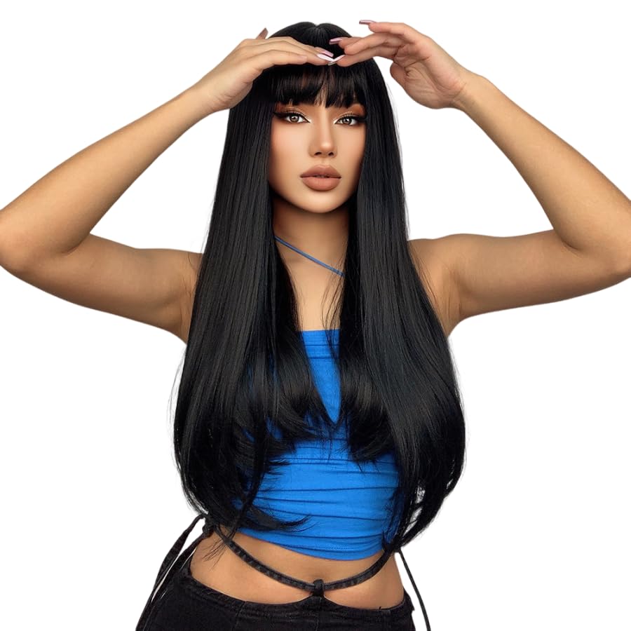 EMMOR Black Wigs Long Straight Wig With Fringe Hair for Women Synthetic Natural Black Hair Party And Cosplay Premium Soft Wig(26" Black) — image 1