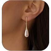 PRTGL Pearl Earrings: 14k Gold-plated Dainty Pearl Drop Dangle Huggie Hoop Earrings for Women