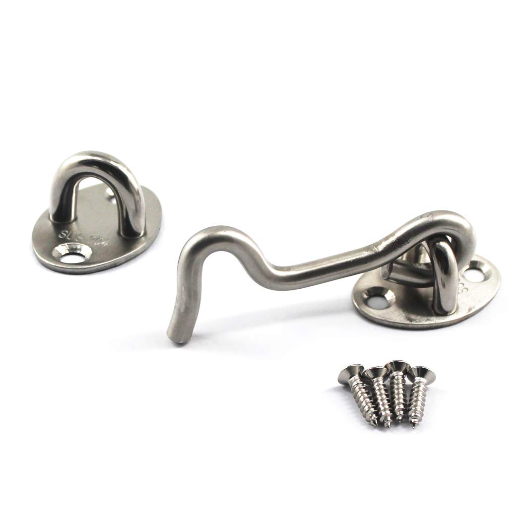 (4 Pieces) 304 Stainless Steel Cabin Hooks Door Latch Hook and Eye Latches Gate Hook 76mm Length with Stainless Steel Screws