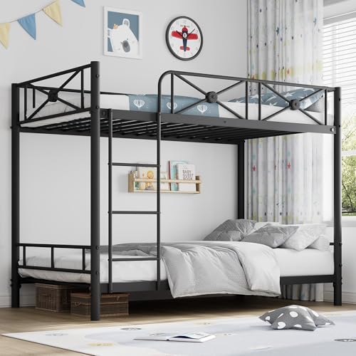 Bunk Bed Twin Over Twin for Kids, Teens & Adults Bunk Bed with Storage, Heavy Duty Steel Frame with Safety Guard Rails, No Box Spring Needed, Easy Assembly