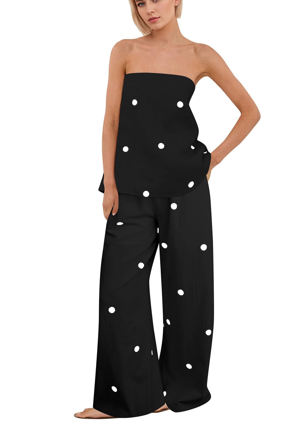 Photo 1 of calbatic Women Polka Dot 2 Piece Outfits Spot Strapless Tube Top Wide Leg High Waist Pants Summer Lounge Set