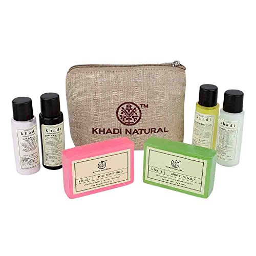 Khadi Natural Herbal Travel Kit with 2 Soaps, Face Wash, Shampoo, Conditioner, & Moisturizer in Khadi pouch (7 items in all)