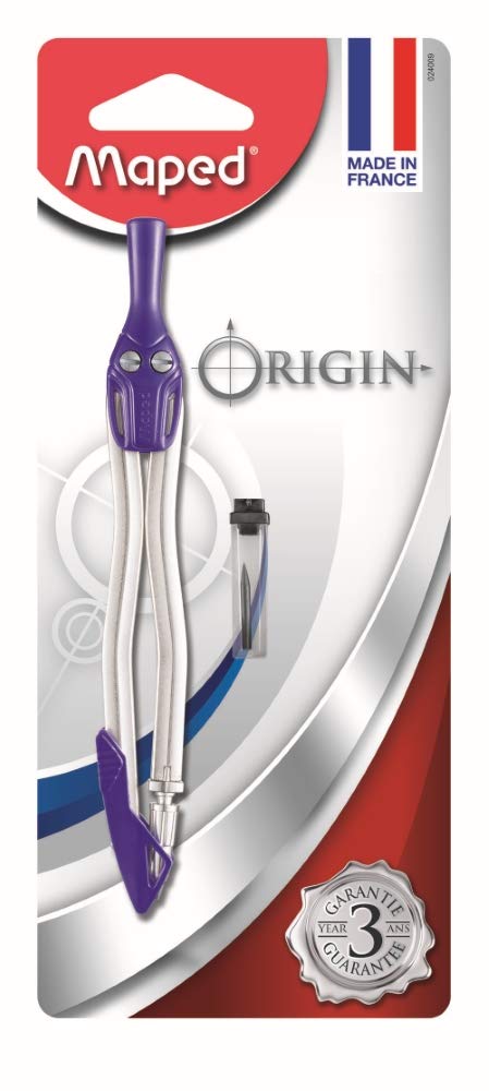 Maped - Origin Compass with Lead - Made in France - with Safety Guard - Point and Lead - School Compass with Steel Branches + Mechanical Pencil Case - Ideal for College - Assorted Colours