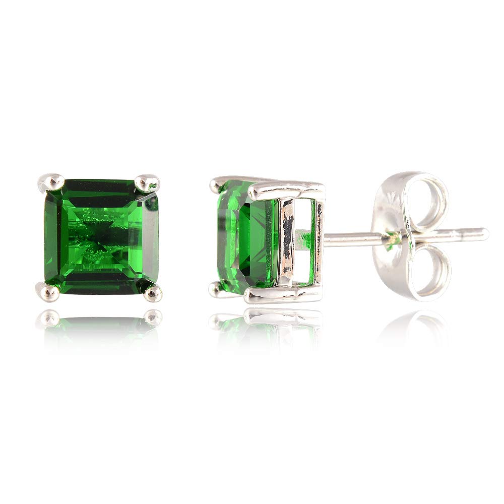 [RIZILIA CLASSIC] Stud Pierced Earrings with Square Emerald Cut Gemstones CZ [Green Emerald] in 18K White Gold Plated, Simple Modern Elegant