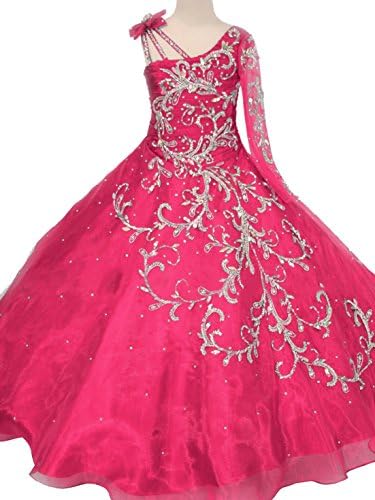GreenBloom Little Girls' Bowknot One-Shoulder Long Sleeves Beaded Sequins Embroidery Pageant Ball Gown Evening Dress