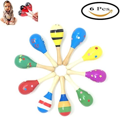 Pack of 6 Wooden Maracas Wood Rattles Perfect for Starting Percussionist and Kid Baby Shaker Sand Hammer Toy, Random Color Pattern