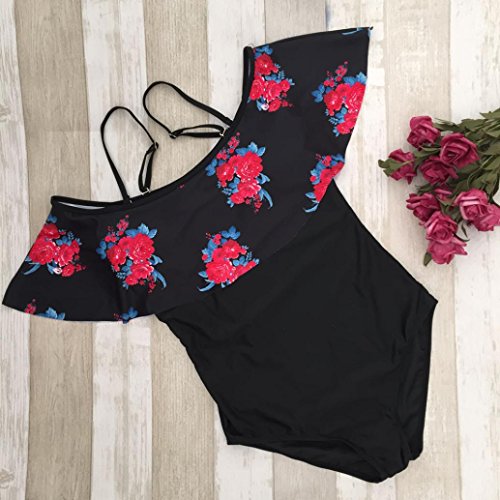 Womens Ruffle Flounce Off The Shoulder Swimsuit Bikini Printing Floral One-Piece Swimwear Monokini Bathing Suit (Black, L)