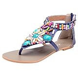 Odema Womens Girls Beaded Flat Sandals T-Strap Beach Zip Thong Dressy Shoes