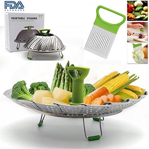 Vegetable Steamer Basket for Instant Pot Accessories Stainless Steel Steamer Insert with Legs and Handle Plus Onion Chopper Slicer Holder Folding Steamer for Egg Veggie Fish Seafood Cooking