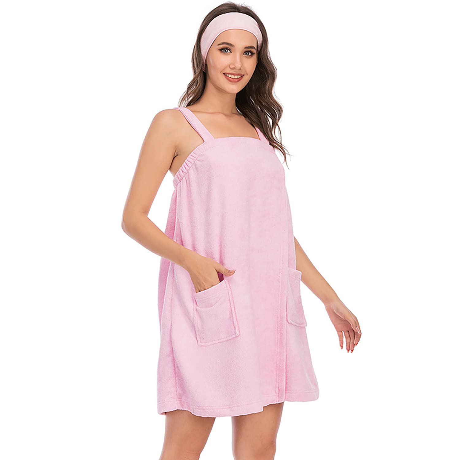 Verve Jelly Spa Shower Bathrobe for Women Solid Color Highly Water Absorbent Bathrobe Nightwear with Two Pockets Facial Headband Kit Pink Small — image 1