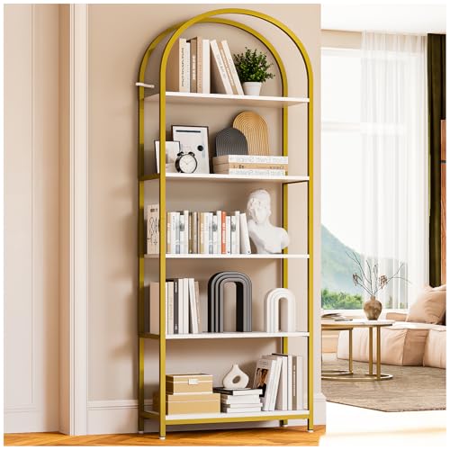 Simple Wisdom Librería, estantería Moderna con Arco Abierto, librero Minimalista de 5 Niveles de 180 cm, estantería Simple Adecuada para Dormitorio, Sala de Estar, Oficina (Blanco Dorado)