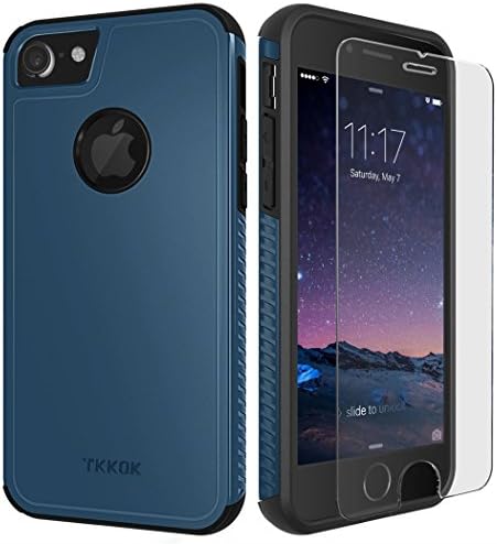 TKKOK iPhone 7 case, Slim Dual layer Heavy Duty Rugged Scratch-Resistant Shockproof Non-slip Grip Protective Case Cover [Tempered Glass Screen Protector Included] for iPhone 7-Blue/Black
