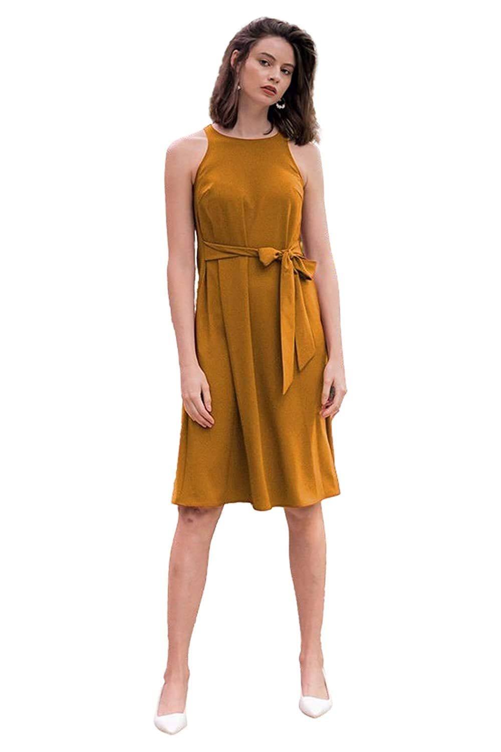 Buy MODCON LUXURY Women's Regular Fit and Flare Midi Casual Western Cotton Dress with Waist Belt